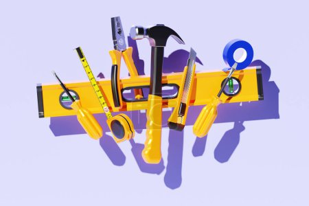 Téléchargez les photos : 3D illustration of a metal hammer, screwdrivers, pliers, level, tape measure, electrical tape, cutter with yellow handles on a purple background. 3D render and illustration of a hand tool for repair and installation - en image libre de droit