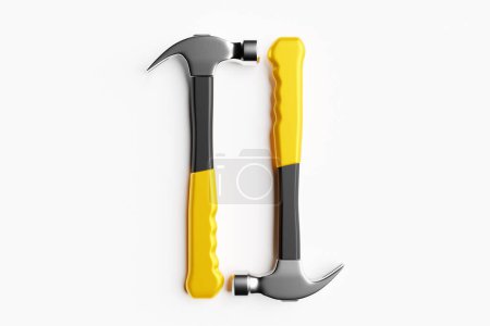 Téléchargez les photos : 3D illustration of a metal hammer with a yellow handle hand tool isolated on a white background. 3D render and illustration of repair and installation tool - en image libre de droit