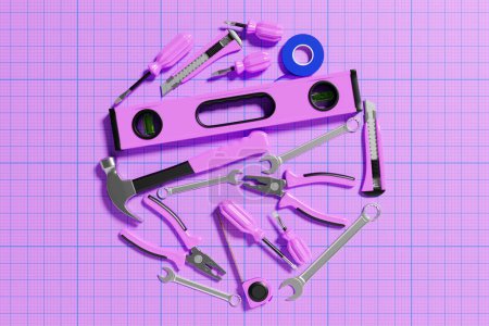 Foto de 3D illustration pink  screwdriver, hammer, pliers, levers,screws, etc. for handmade on pink background. Various working tools. Construction, construction, renovation concept. - Imagen libre de derechos