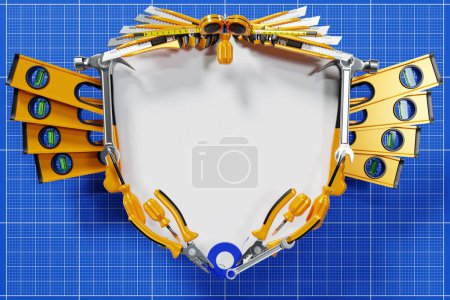 Téléchargez les photos : 3D illustration of a white frame in the form of a coat of arms with hand tools fringing it on the sides. Hammer, screwdriver, pliers, level, tape measure, electrical tape, cutter with a yellow handle on graph paper. - en image libre de droit