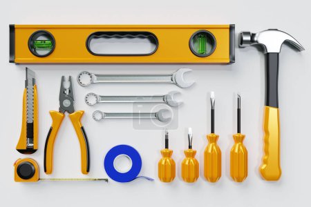 Foto de 3D illustration of a metal hammer, screwdrivers, pliers, level, tape measure, electrical tape, cutter with yellow handle on  white background. 3D rendering of a hand tool for repair and installation - Imagen libre de derechos