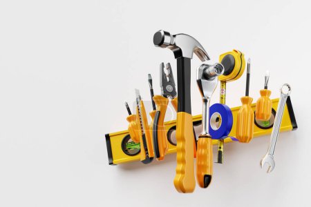 Foto de Various working tools for construction, repair. Screwdriver, level, electrical tape, hammer, knife, scissors, wrench, etc. 3D illustration - Imagen libre de derechos