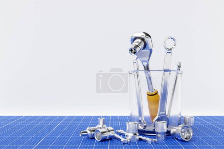 Photo for Various  working tools for construction, repair on purple background. Screwdriver, level, electrical tape, hammer, knife, scissors, wrench, etc. 3D illustration - Royalty Free Image