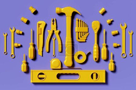 Foto de Varias herramientas de trabajo amarillas para la construcción, reparación sobre fondo púrpura. Destornillador, nivel, cinta eléctrica, martillo, cuchillo, tijeras, llave inglesa, etc. Ilustración 3D - Imagen libre de derechos