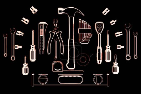 Photo for Various white working tools for construction, repair on black  background. Screwdriver, level, electrical tape, hammer, knife, scissors, wrench, etc. 3D illustration - Royalty Free Image