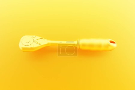 Téléchargez les photos : Illustration 3D d'une clé à cliquet jaune isolée sur un fond monocrome. rendu 3D et illustration de l'outil de réparation et d'installation - en image libre de droit