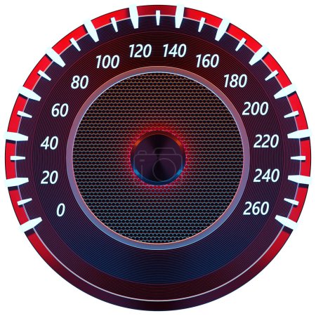 Téléchargez les photos : 3D illustration close-up black panel of a car, digital bright speedometer in a sporty style on a white isolated background - en image libre de droit