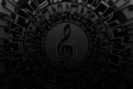 Foto de Clave triple en un círculo de notas musicales sobre un fondo negro. Diseño. Ilustración 3D - Imagen libre de derechos