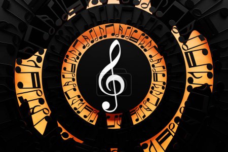 Téléchargez les photos : Clef aigüe en cercle de notes musicales sur fond noir. Design. Illustration 3D - en image libre de droit