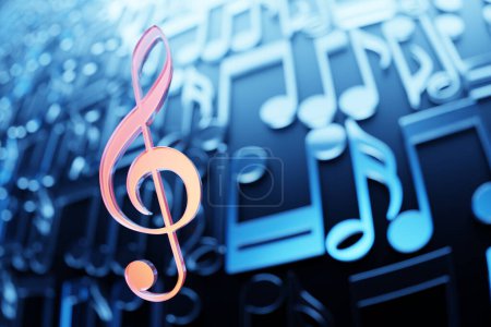 Photo for Black music sheet background with orange drawn notes. Simple cartoon design. 3D illustration - Royalty Free Image