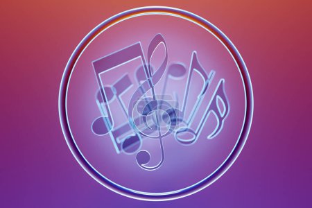 Téléchargez les photos : Musical notes and symbols with curves and swirls on a pink background under  neon color. 3D illustration - en image libre de droit