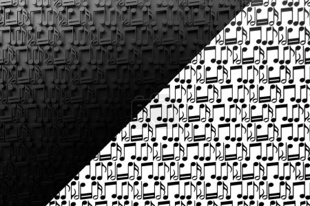 Téléchargez les photos : Black and white music sheet background with drawn notes. Simple cartoon design. 3D illustration - en image libre de droit