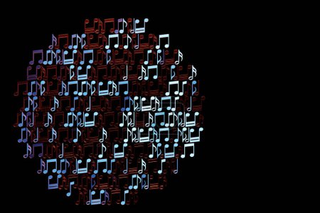 Foto de Notas musicales y símbolos con curvas y remolinos sobre un fondo negro. Ilustración 3D - Imagen libre de derechos
