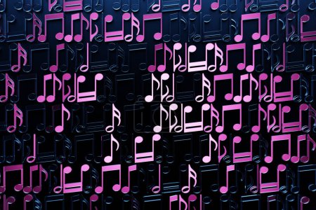 Téléchargez les photos : Feuille de musique noire avec notes roses dessinées. Conception de dessin animé simple. Illustration 3D - en image libre de droit