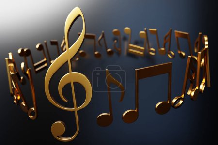 Photo for Realistic golden metal treble clef and   musical notes on a black background. 3d golden musical symbol - decoration elements for design. - Royalty Free Image