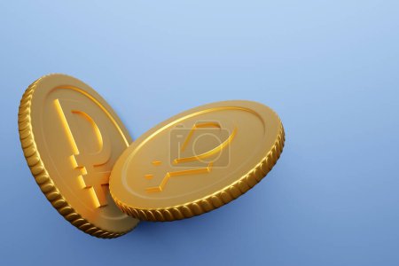 Téléchargez les photos : Golden coin with ruble sign isolated on blue background. Income concept. 3D rendering. - en image libre de droit