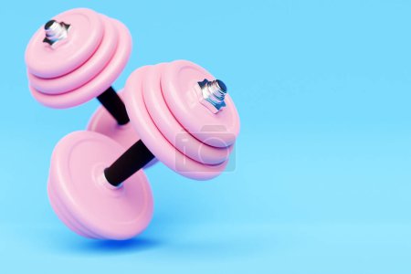 Téléchargez les photos : 3d render illustration of a dumbbell with pink plates, isolated on blue  background. Creative concept. - en image libre de droit