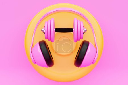 Photo for 3D illustration  metal pink dumbbell with disks and headphones  on   pink  background. Fitness and sports equipment - Royalty Free Image