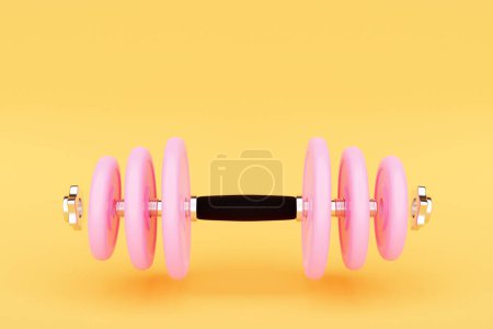 Téléchargez les photos : Illustration 3D haltère métal rose avec disques sur fond jaune. Équipement de fitness et de sport - en image libre de droit