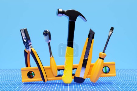 3D illustration of a hand tool for repair and construction: level, screwdriver, hammer, pliers, tape measure. Set of tools