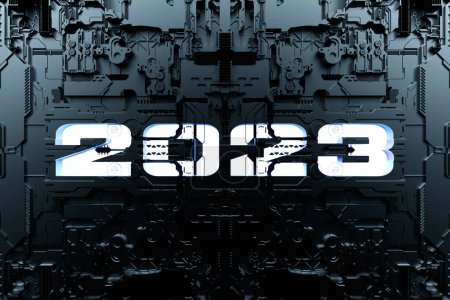 Foto de 3d ilustración Postal tecnológica futurista con el año 2023 en el fondo negro ciber armadura. Equipo de primer plano para la minería crypto-bitcoin; éter. - Imagen libre de derechos