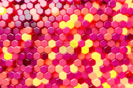 Téléchargez les photos : 3d illustration of a  yellow and pink honeycomb monochrome honeycomb for honey. Pattern of simple geometric hexagonal shapes, mosaic background. - en image libre de droit