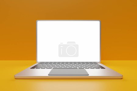 Téléchargez les photos : Illustration 3D, gros plan de l'ordinateur portable réaliste avec une fenêtre de recherche sur fond jaune - en image libre de droit