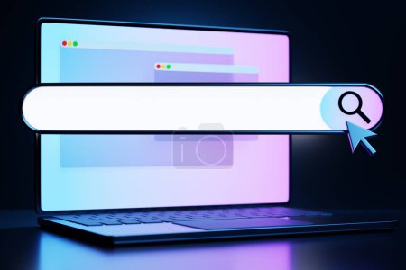 3D illustration of a laptop with an open browser tab on the screen. Internet search using smartphone.