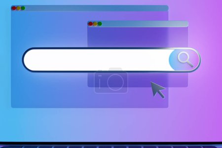 Foto de 3D illustration search frame, box, web bar with magnifying glass icon on purple background. Internet search - Imagen libre de derechos