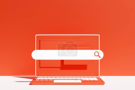 Foto de Ilustración colorida 3D de un portátil moderno con una barra de búsqueda de información en un rd fondo. El concepto de comunicación a través de Internet, redes sociales, chat, vídeo, noticias, mensajes, sitio web, búsqueda - Imagen libre de derechos