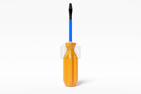 Photo for 3D illustration of a screwdriver with a yellow handle in cartoon style on a white isolated background. Hand carpentry tool for DIY shop. - Royalty Free Image