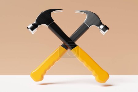 Téléchargez les photos : 3D illustration of a metal hammer with a yellow handle hand tool isolated on a beige  background. 3D render and illustration of repair and installation tool - en image libre de droit