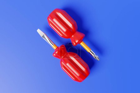 Photo for 3D illustration of a screwdriver with a red handle in cartoon style on a blue isolated background. Hand carpentry tool for DIY shop. - Royalty Free Image