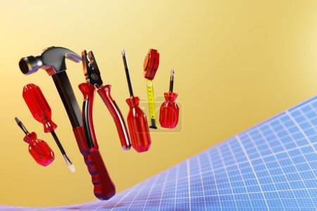 Photo for 3D illustration screwdriver, hammer, pliers, screws, etc. for handmade. Various working tools. Construction, construction, renovation concept. - Royalty Free Image