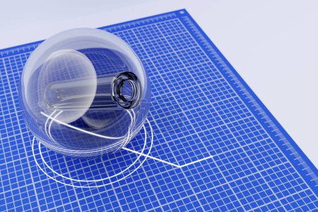 Téléchargez les photos : Illustration 3D d'une boule de verre avec un trou à l'intérieur sur un fond de papier bleu millimètre - en image libre de droit