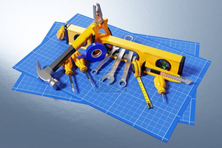 Photo for 3D illustration of a metal hammer, screwdrivers, pliers, level, tape measure, electrical tape, cutter with yellow handle on graph paper. 3D rendering of a hand tool for repair and installation - Royalty Free Image