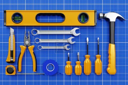Téléchargez les photos : 3D illustration of a metal hammer, screwdrivers, pliers, level, tape measure, electrical tape, cutter with yellow handle on graph paper. 3D rendering of a hand tool for repair and installation - en image libre de droit