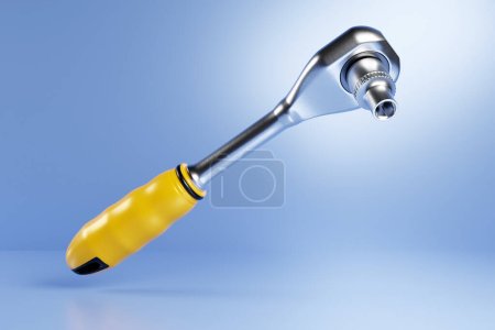 Téléchargez les photos : 3D illustration of a  ratchet wrench  in cartoon style on a blue background. Hand carpentry tool for the workshop. - en image libre de droit