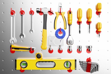 Foto de Construction tools. Hand tool for home repair and construction. wrench, cutter, electrical tape, ratchet, pliers, level hang in place on the shelf. 3D illustration - Imagen libre de derechos
