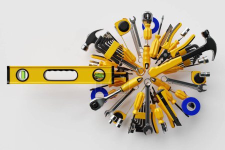 Photo for Various working tools for construction, repair. Screwdriver, level, electrical tape, hammer, knife, scissors, wrench, etc. 3D illustration - Royalty Free Image