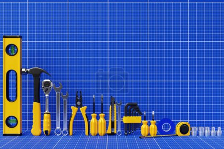 Photo for Construction tools. Hand tool for home repair and construction. wrench, cutter, electrical tape, ratchet, pliers, level  o the row. 3D illustration - Royalty Free Image