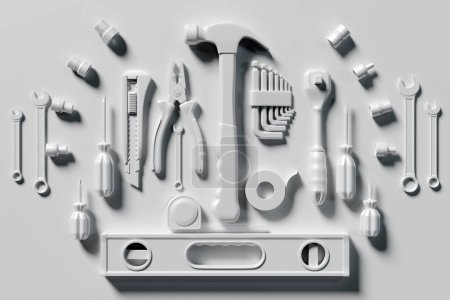 Foto de Construction tool shop service concept. white set of all tools for home repair builder on a monocrome background. 3d illustration - Imagen libre de derechos