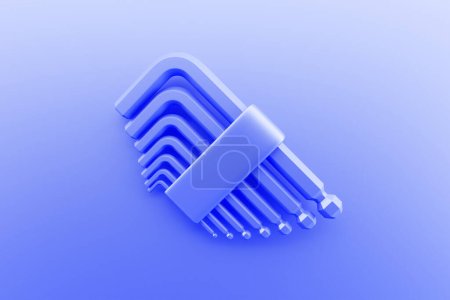 Téléchargez les photos : 3D illustration of a blue     tool allen key   hand tool isolated on a monocrome background. 3D render and illustration of repair and installation tool - en image libre de droit