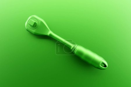 Foto de Ilustración 3D de una herramienta de mano de llave de trinquete verde aislada sobre un fondo monocromático. Representación e ilustración 3D de la herramienta de reparación e instalación - Imagen libre de derechos