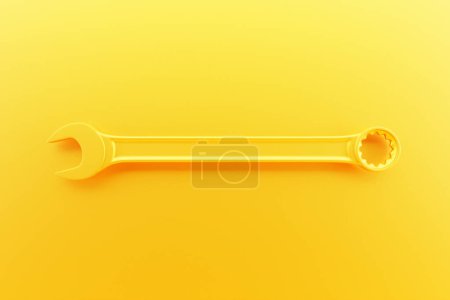 Foto de Ilustración 3D de una herramienta de mano de llave amarilla aislada sobre un fondo monocromático. Representación e ilustración 3D de la herramienta de reparación e instalación - Imagen libre de derechos