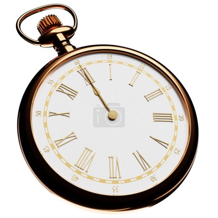 Téléchargez les photos : 3d illustration of antique golden round clock on white isolated background. Stopwatch icon, logo. Chronometer, vintage timer - en image libre de droit