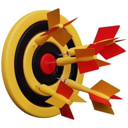 Téléchargez les photos : 3d illustration of a round  yellow and black target with an arrow on a  white isolated background. Success abstract pin logo. Darts game - en image libre de droit