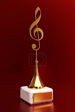 Téléchargez les photos : Golden music award with a treble clef on a red background, 3d illustration - en image libre de droit