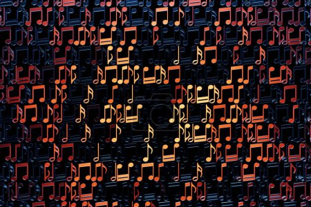 Photo for Black music sheet background with orange drawn notes. Simple cartoon design. 3D illustration - Royalty Free Image