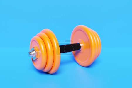 Photo for 3d render illustration of a dumbbell with orange plates, isolated on blue background. Creative concept. - Royalty Free Image